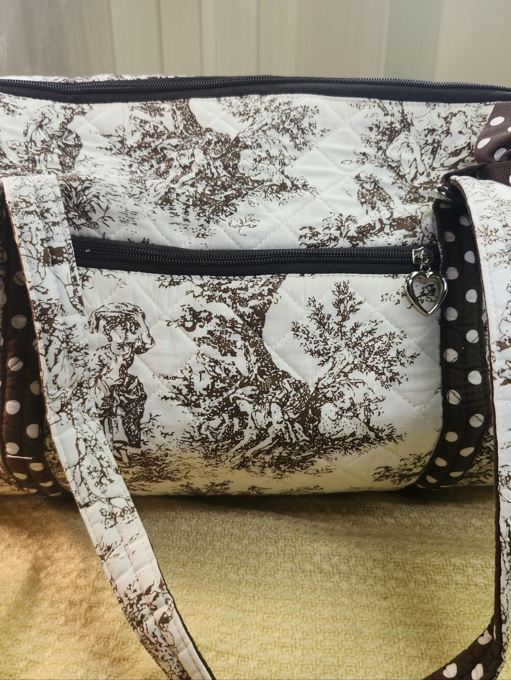 Quilted White and Brown Toile Tote Bag with Heart Zip Charm